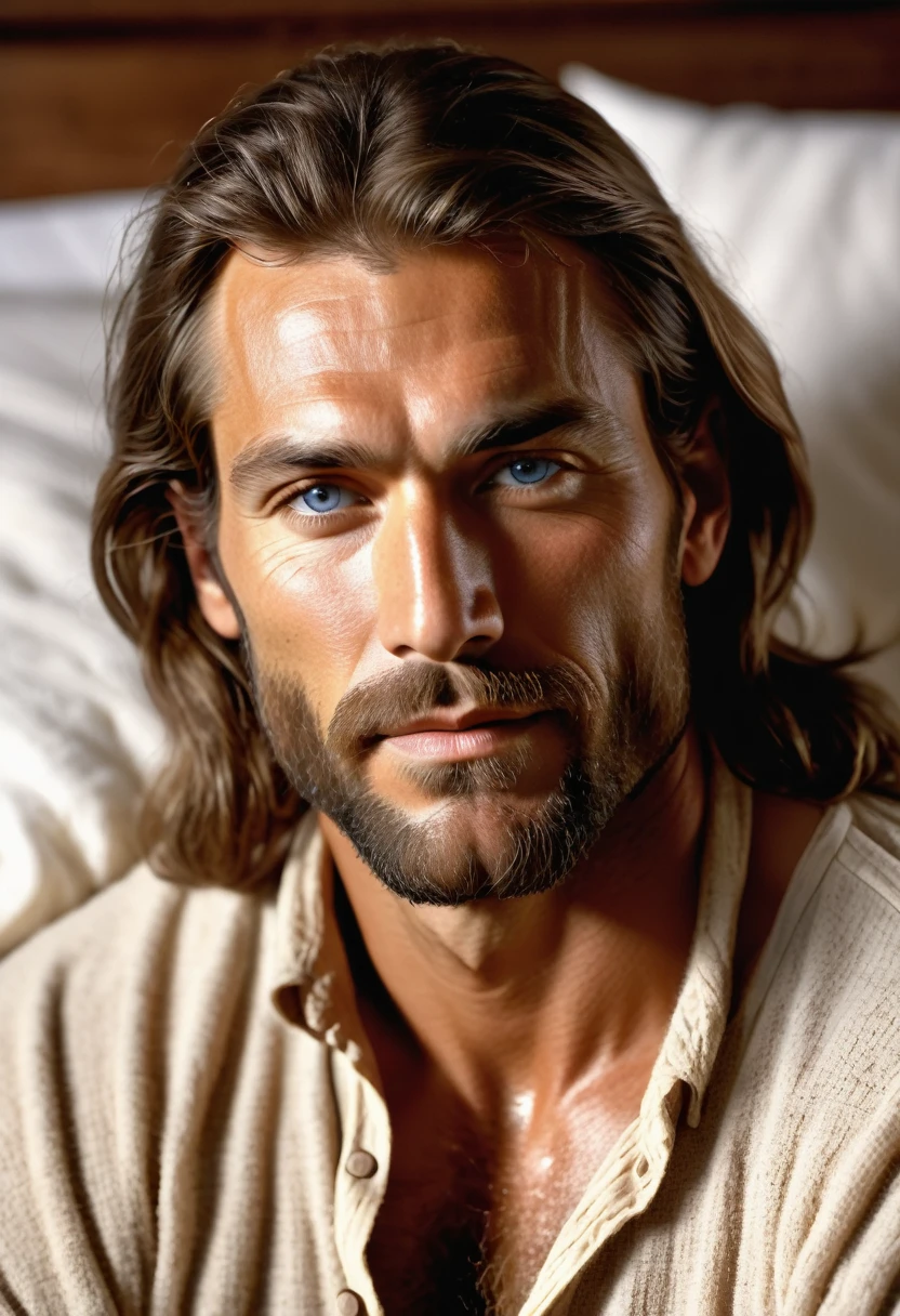 (highly detailed, soft light, detailed face, detailed skin, detailed eyes, photorealistic, dynamic light; cinematic); 1820's; 35 years old man; 3/4-German 1/4-Sioux Indian mix; 1820's fur-trader; leadership figure; strikingly handsome; wild man; defined cheekbones; defined strong jawline; longer chin; handsome face; strapping; desirous smirking expression; intimate atmosphere; masculine face; charismatic; grizzled; sensual; strong German nose; very attractive; burly broad figure with strong shoulders; ruddy weathered skin; long stubble beard; thick strong chestnut-brown eyebrows; fully naked wet very-hairy heavily muscled chest with chest-hair; long loose tousled chestnut-brown hair in half-up tied-back style; full firm masculine lips; lounging on an 1820's settlement bed in a cosy lamp-lit 1820's Canadian settlement house at night; teasing sex, looking pleasured; natural light-blue eyes; 3/4-German 1/4-Sioux Indian mix; looking at camera; natural light-blue eyes; 