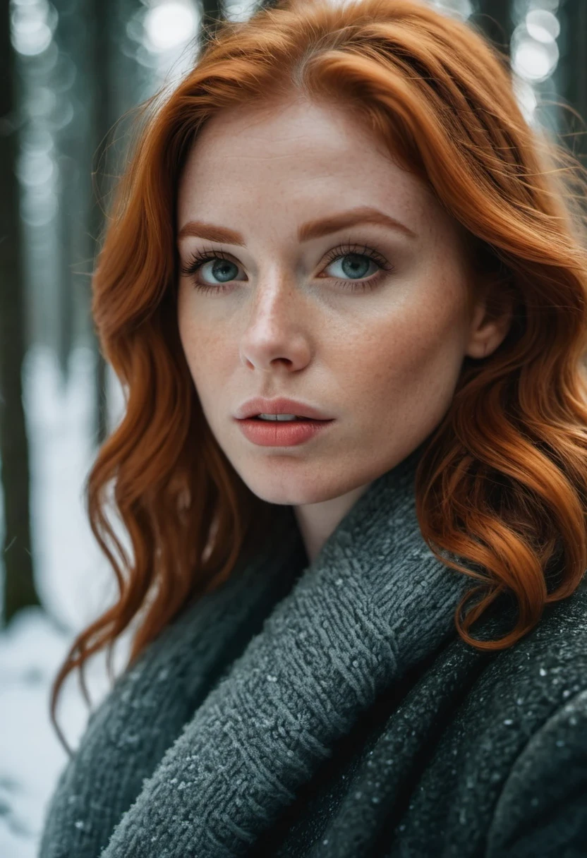 cinematic photo close up of a european woman, ginger hair, winter forest, natural skin texture, 24mm, 4k textures, soft cinematic light, RAW photo, photorealism, photorealistic, intricate, elegant, highly detailed, sharp focus, ((((cinematic look)))), soothing tones, insane details, intricate details, hyperdetailed, low contrast, soft cinematic light, dim colors, exposure blend, hdr, faded (boobs out), cinematic photorealistic, 8k uhd natural lighting, raw, rich, intricate details, key visual, atmospheric lighting, 35mm photograph, film, bokeh, professional, 4k, highly detailed . 35mm photograph, film, bokeh, professional, 4k, highly detailed