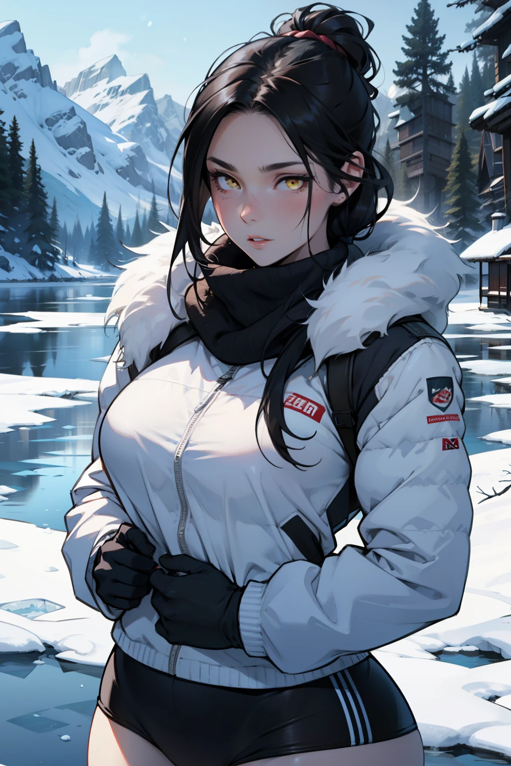 1 girl, black hair, yellow eyes, very long hair, pale skin, curvy, (extremely muscular), perky breasts, (winter clothes), frozen lake