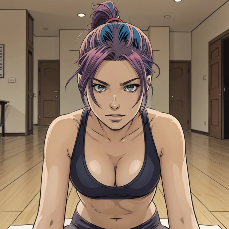 2d cartoon,An anime woman, colored hair ponytail, in yoga class