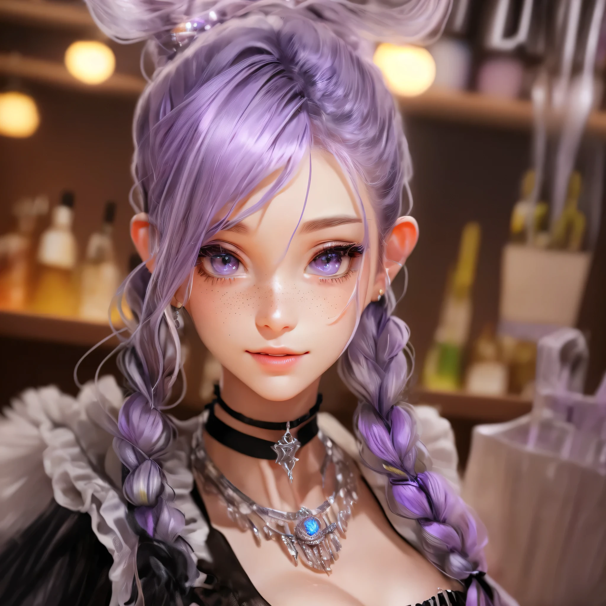 A young woman with (long lavender colored hair with a single braid accent),(grey colored eyes),(youthful freckles over nose), (anime) in bar, (choker necklace), (mischievous troublemaker), (sh44r) ,(bar setting). (best quality, 4k, highres, masterpiece:1.2), (ultra-detailed), (realistic, photorealistic:1.37), (vivid colors), (portrait), (bokeh), (soft lighting) full body photo,gr3ysh33r