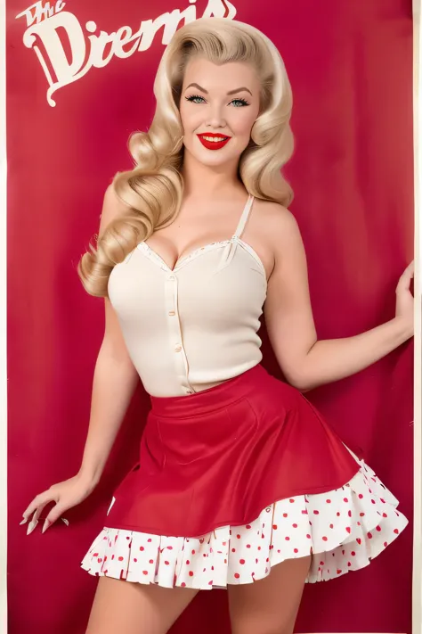 perfect sexy face, Ultra high resolution The girl leans forward at full heigh adding mystery and sexuality. (((Full length. the fluffy skirt rides up in the strong wind))) (((full skirt in pin-up style, knee length))) The dress in the style of the 1950s po...