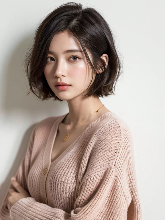 ((highest quality, 8k, masterpiece :1.3)), 1 girl, (Bob Hair、short hair,Photographed in front of a white wall :1.2)、Photographed in natural light、pastel cardigan :1.1, Angle from above、super Detailed face, Beautiful Eyes,(Highly realistic photos, High resolution, Detailed face, Beautiful Eyes)、Japanese women, Age 35, A variety of expressions, alone:1, Various Hair Styles, Casual clothing, Only one person in the photo、Long sleeve dress、Photographed in natural light、Simple Necklace、Spring Clothes、Don&#39;t look at the camera、profile、Dark brown hair color