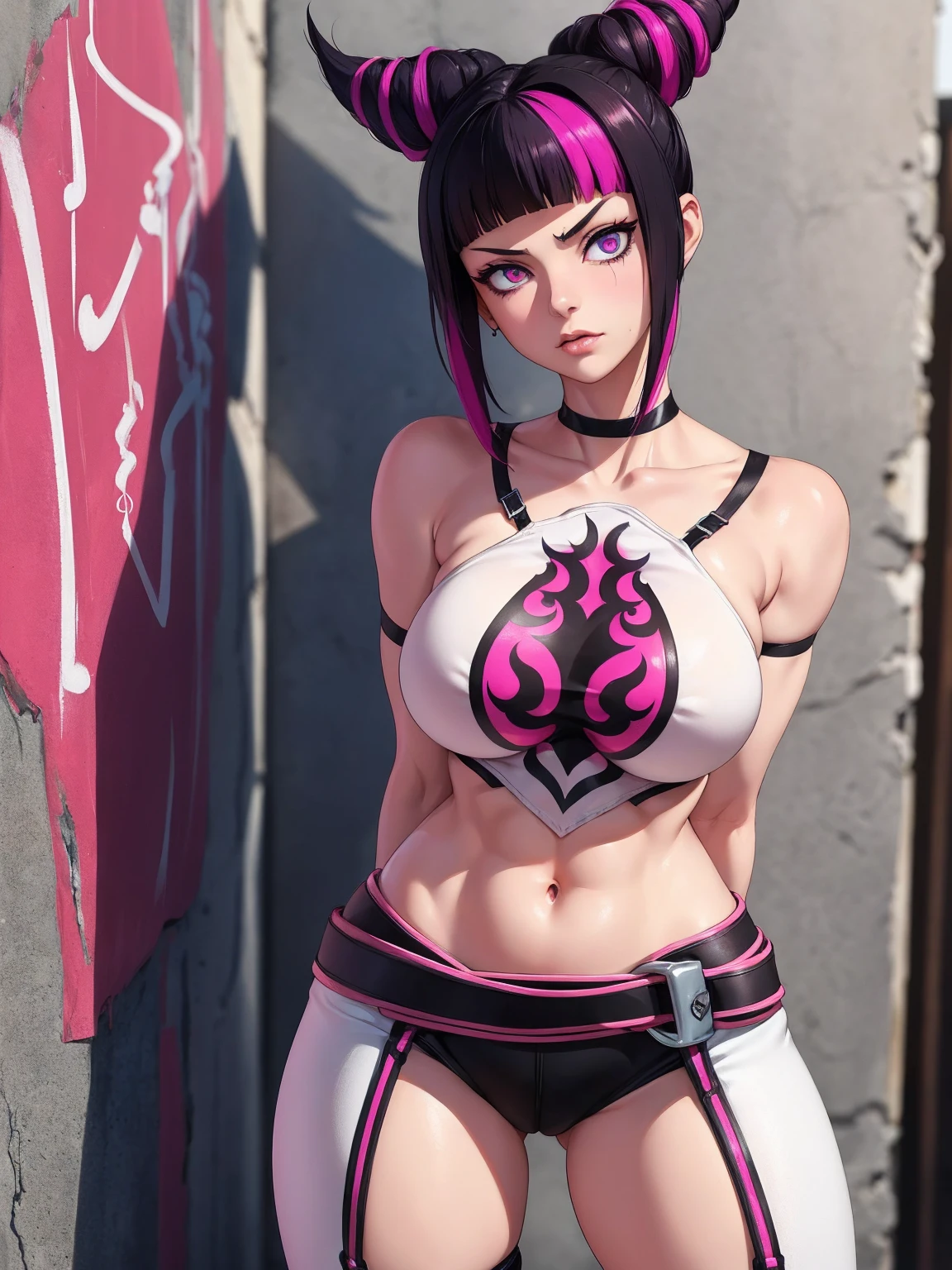 { - anatomy error} (Masterpiece - Ultra-detailed, very high resolution)Juri Han,Masterpiece, Best Quality, 1girl, report, crop-top, jean shorts, Choker, (graffiti:1.aint splatter, (Hands Behind Your Back), Against a wall, looking a viewer, A bracelet, thigh strap, Paint on the body, tilt of head, bored, fiery hair color, Rainbow-colored eyes,juri han,rosto yandere,brava
