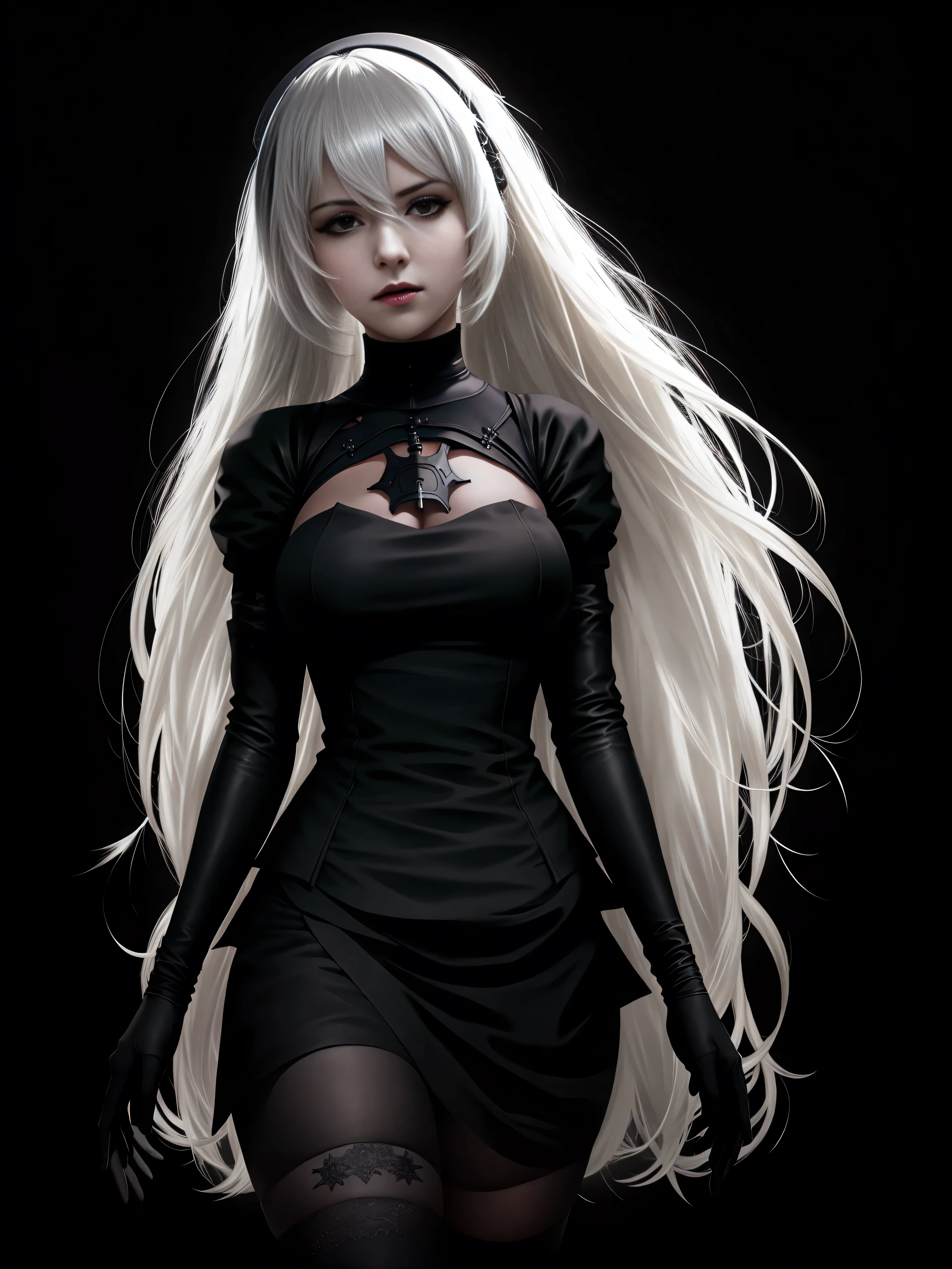 there is Nier: Automata's YoRHa No. 2 Type B , white hair, alluring expression, very bold, upper  visible, full body photo, standing legs apart, pale translucent glowing skin, most beautiful face, cute, ((dark plain black background:1.4))