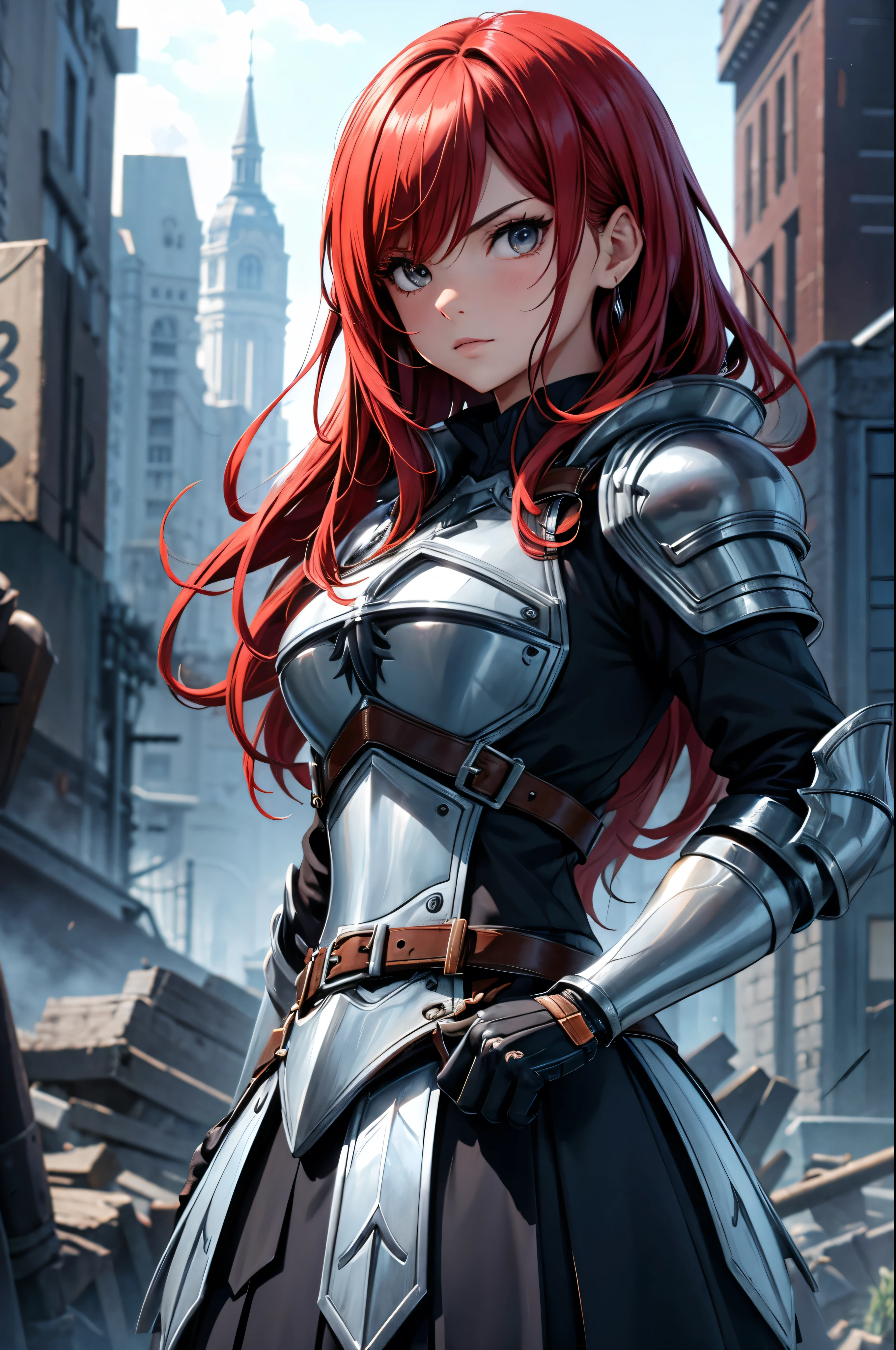 (masterpiece, best quality:1.2), expressive eyes, perfect face, highres, 1girl, solo, fairy tail, 1girl, long hair, red hair, brown eyes, armor, shoulder armor, gauntlets, breastplate, armored dress, belt, pleated skirt, blue skirt, hair over one eye, frown, ruins, destruction, badass stance, fire, standing, upper body portrait, looking at the viewer