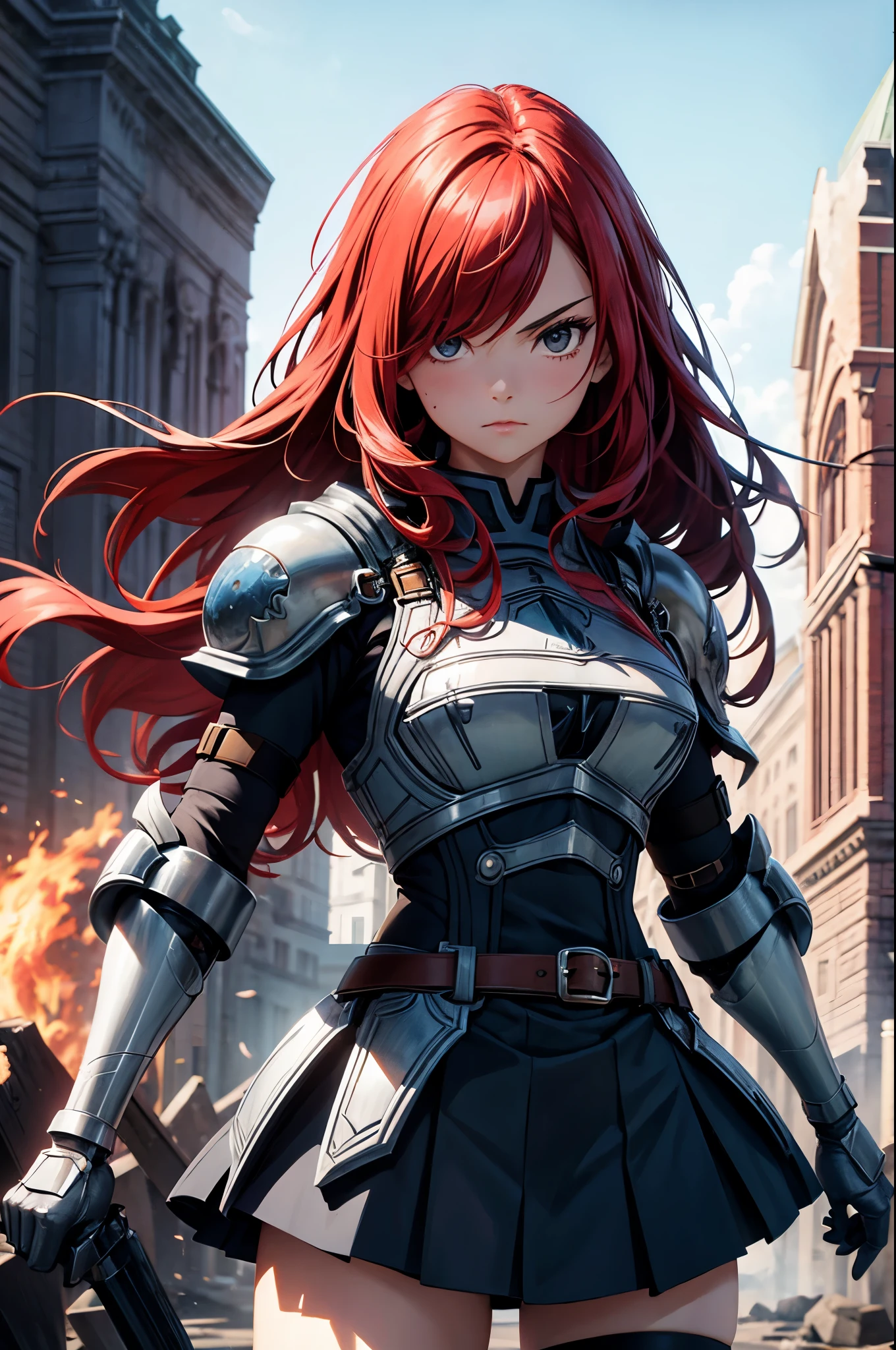 (masterpiece, best quality:1.2), expressive eyes, perfect face, highres, 1girl, solo, fairy tail, 1girl, long hair, red hair, brown eyes, armor, shoulder armor, gauntlets, breastplate, armored dress, belt, pleated skirt, blue skirt, hair over one eye, frown, ruins, destruction, badass stance, fire, standing, upper body portrait, looking at the viewer