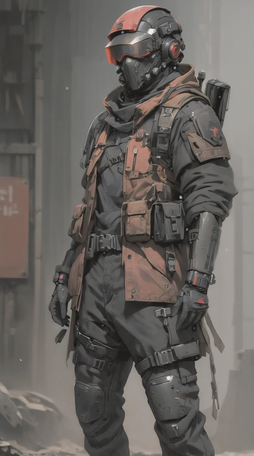Male sci-fi soldier, post apocalytpic. Weathered clothing: sci-fi black helmet, red visor, brown duster coat, black tactical vest, black pants, tactical gear, faceless, hidden face