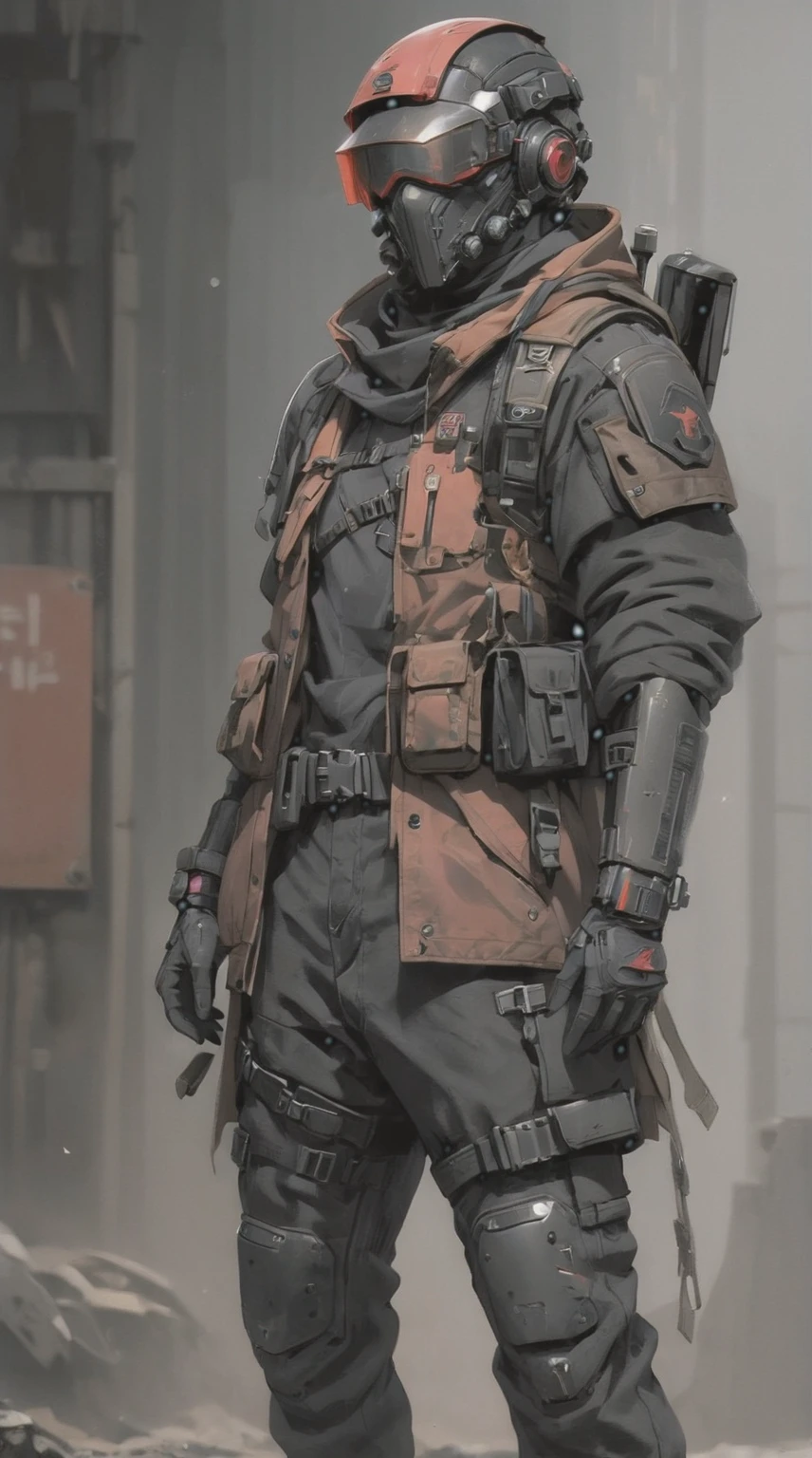 Soldat de science-fiction masculin, post-apocalyptique. vêtements patinés: casque noir de science-fiction, visière rouge, manteau marron, gilet tactique noir, pantalon noir, équipement tactique, sans visage, face cachée