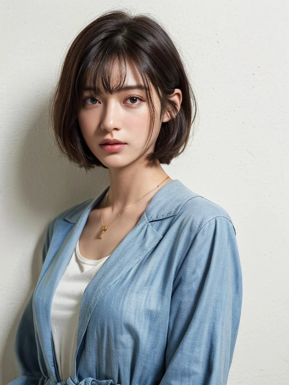 ((highest quality, 8k, masterpiece :1.3)), 1 girl, (Bob Hair、short hair,Photographed in front of a white wall :1.2)、Photographed in natural light、Navy tailored jacket :1.1, Angle from above、super Detailed face, Beautiful Eyes,(Highly realistic photos, High resolution, Detailed face, Beautiful Eyes)、Japanese women, Age 35, A variety of expressions, alone:1, Various Hair Styles, Casual clothing, Only one person in the photo、Long sleeve dress、Photographed in natural light、Simple Necklace、Spring Clothes、Don&#39;t look at the camera、profile、Dark brown hair color