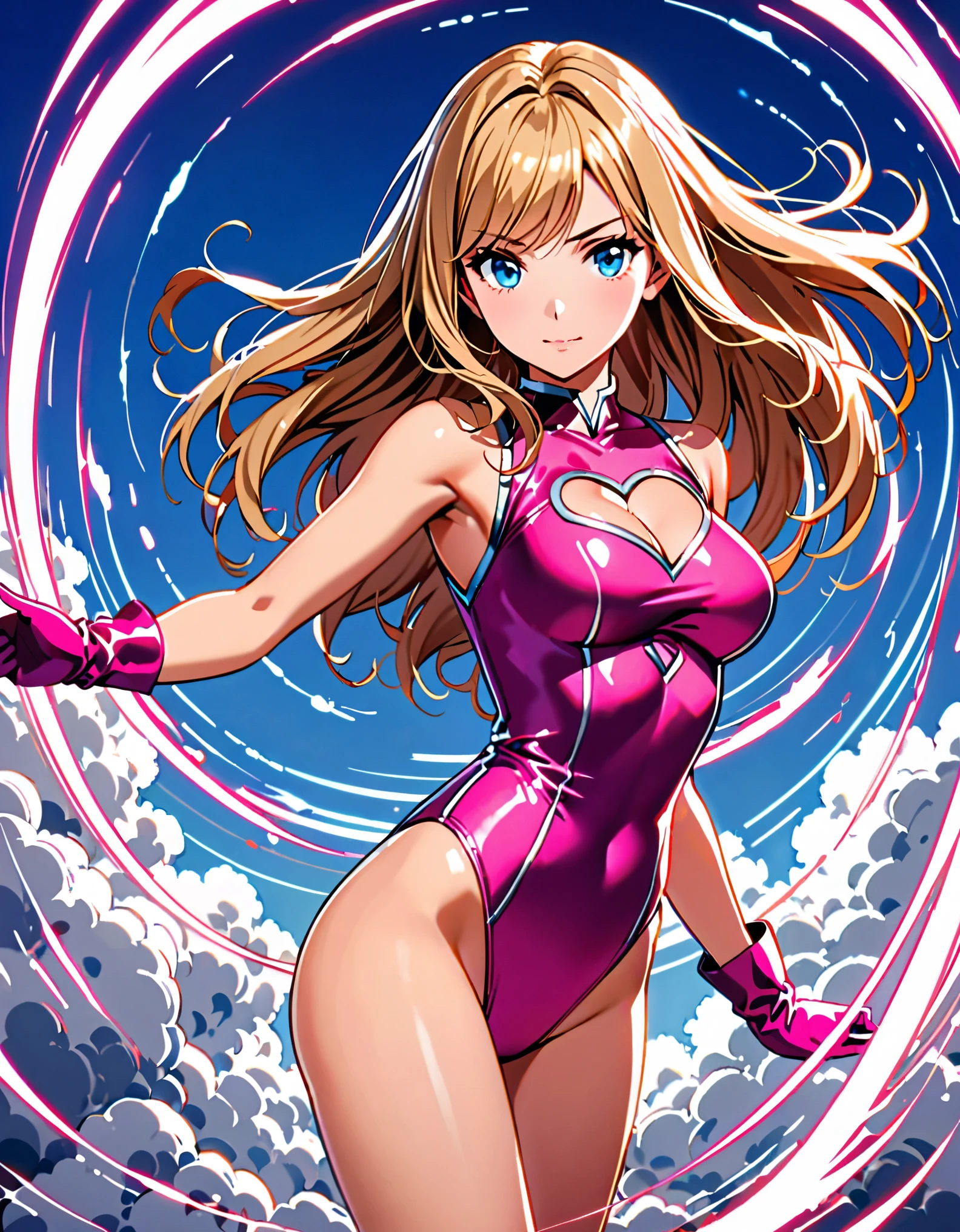 ((masterpiece)), ((best quality)), ((high res)), 1girl, solo, solo focus, ((leotard, perfect leotard, pink leotard, sleeveless, bare legs)), matching boots, looking at the viewer, blue sky backdrop, perfect hands, complete fingers, perfect anatomy, medium breasts, (blonde hair, long hair, mid-length hair, hair down, bangs), knee boots, blue eyes, beautiful detailed eyes, beautiful detailed face, cute face, ((cleavage heart cutout)), pink gloves, pink footwear, superhero, heroic, spread arms. (spins in place like a tornado, she spins at an incredible speed, creating a whirlwind of air around her,spiral lines around,cyclone winds around,tornado spinning).
