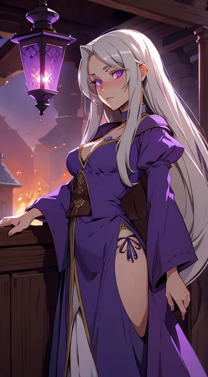 Lady ultamia, rare, time maiden, baggy gown, beautiful girl, long silver hair, Violet eyes, town,