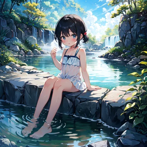 Natural hot springs，A lot of steam rises，(A large bath surrounded by rocks), 少女が大きな深いNatural hot springsに首まで浸かっている，3 Naked Girls...