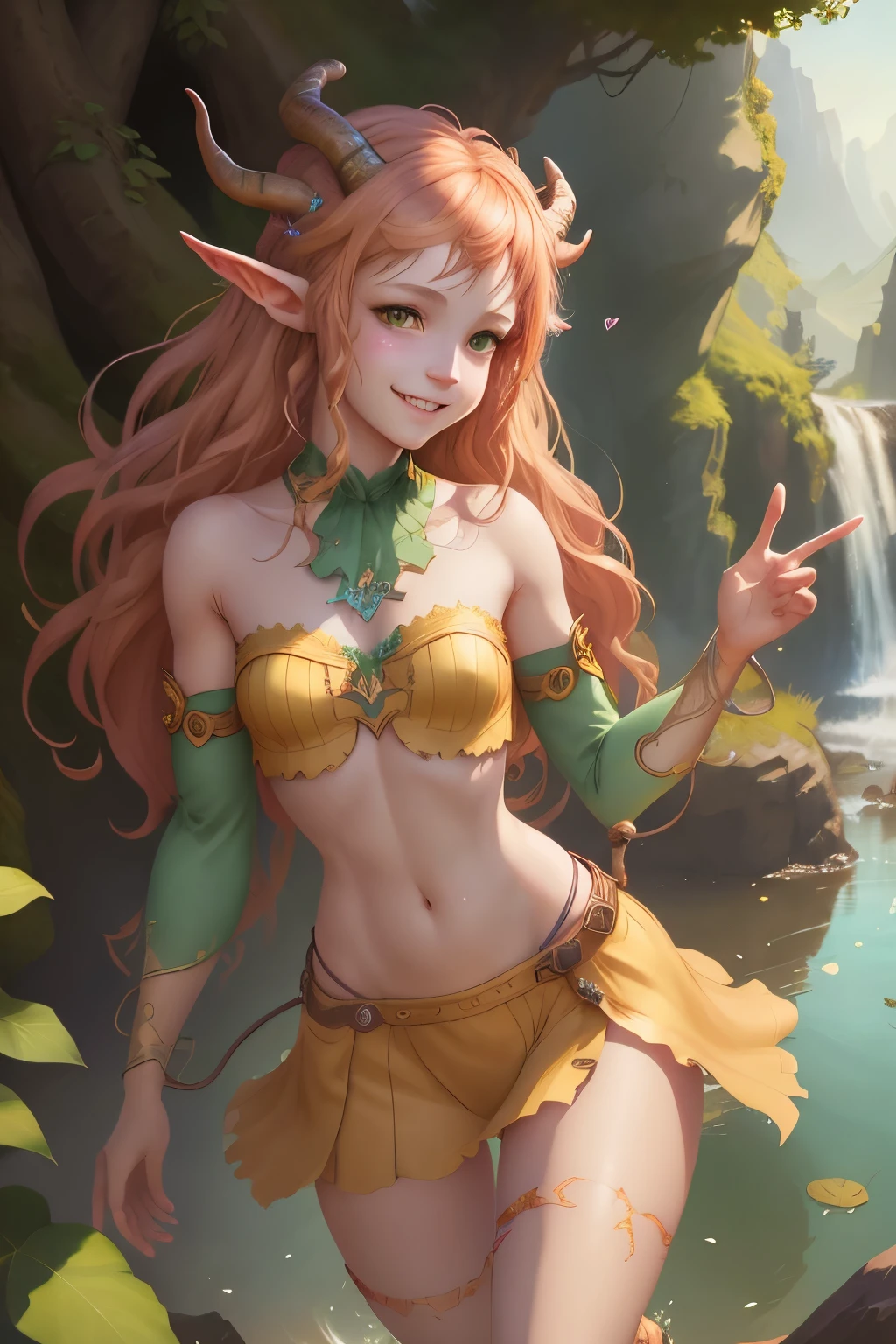 solo, mare,confident, grin, looking at viewermagic,coloful,cute,pretty,masterpiece,4k,beautiful,detailed,smile,feminine,thin,faun,13 years old girl,blond haired girl with horns and green leaves on her head, detailed digital,loish and wlop, cute detailed digital art, adorable digital painting, digital illustration, fanart best artstation, inspired by WLOP, artwork, hyperdetailed fantasy character,full body,satiro legs