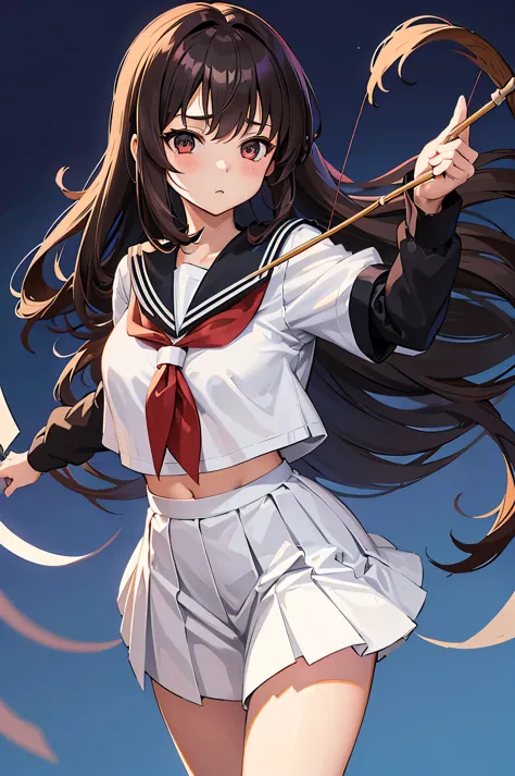 an anime character with long brown tresses and a short skirt in sailor open outfit, holding a bow and arrow, 1girl, solo, sexy s...