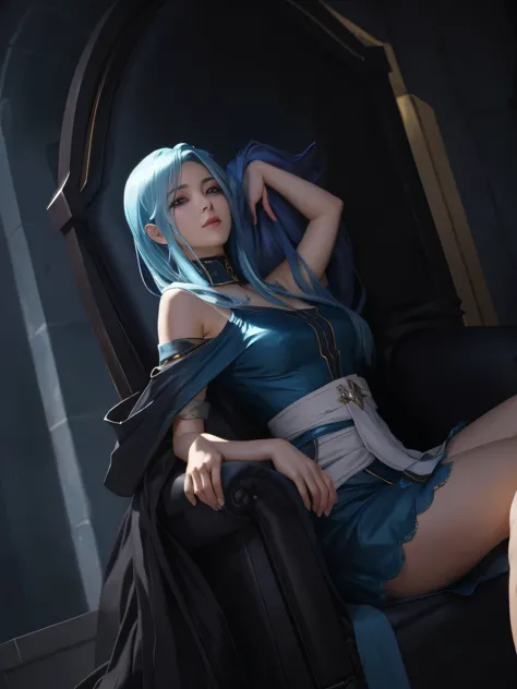 lol splashart, there is a woman with blue hair sitting in a chair, painted in anime painter studio, tailed blue hair woman, pain...