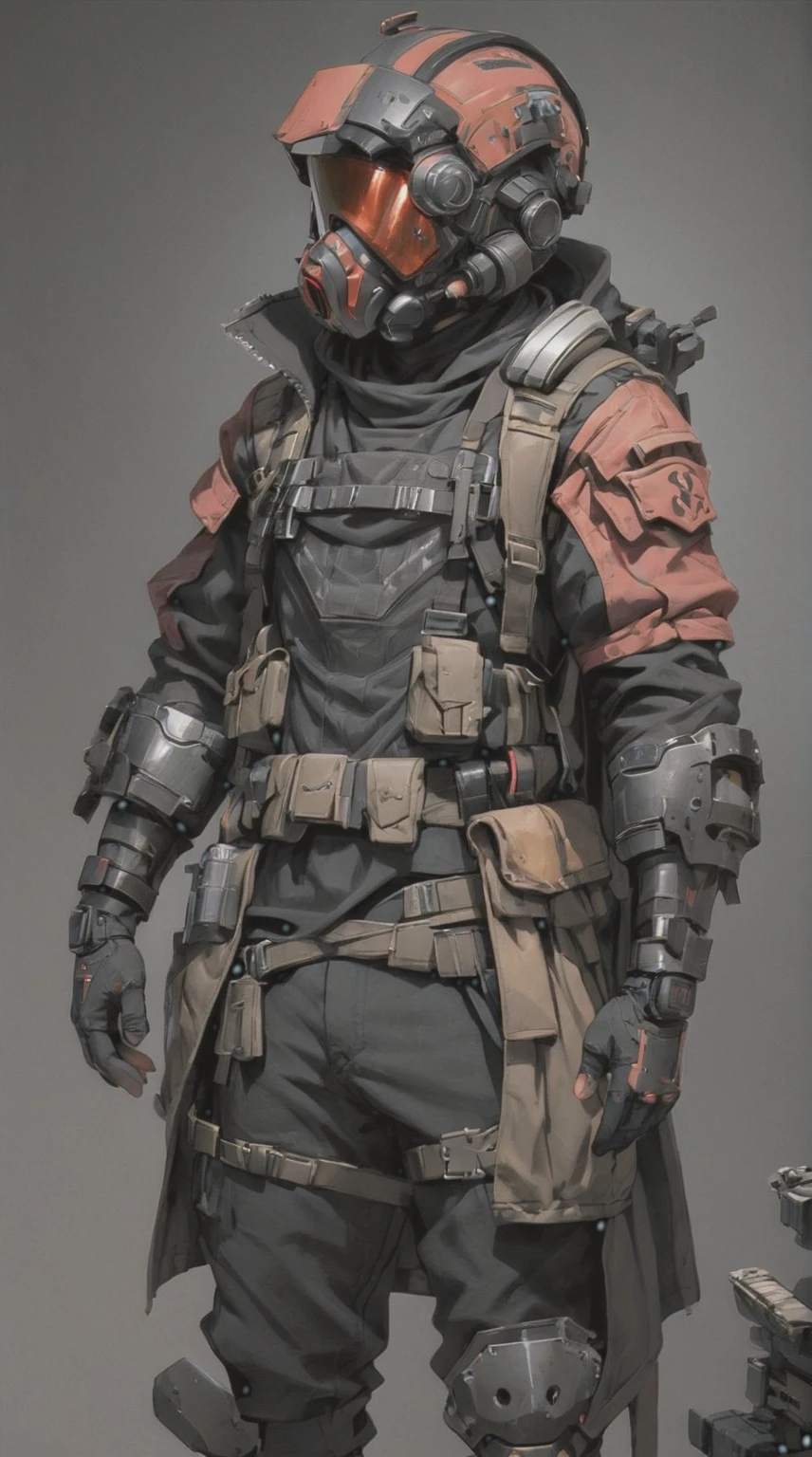 Мужчина-солдат научной фантастики, постапокалиптический. Потрепанная одежда: научно-фантастический черный шлем, красный козырек, коричневое пальто дастер, черный тактический жилет, черные штаны, тактическое снаряжение, безликий, Скрытое лицо