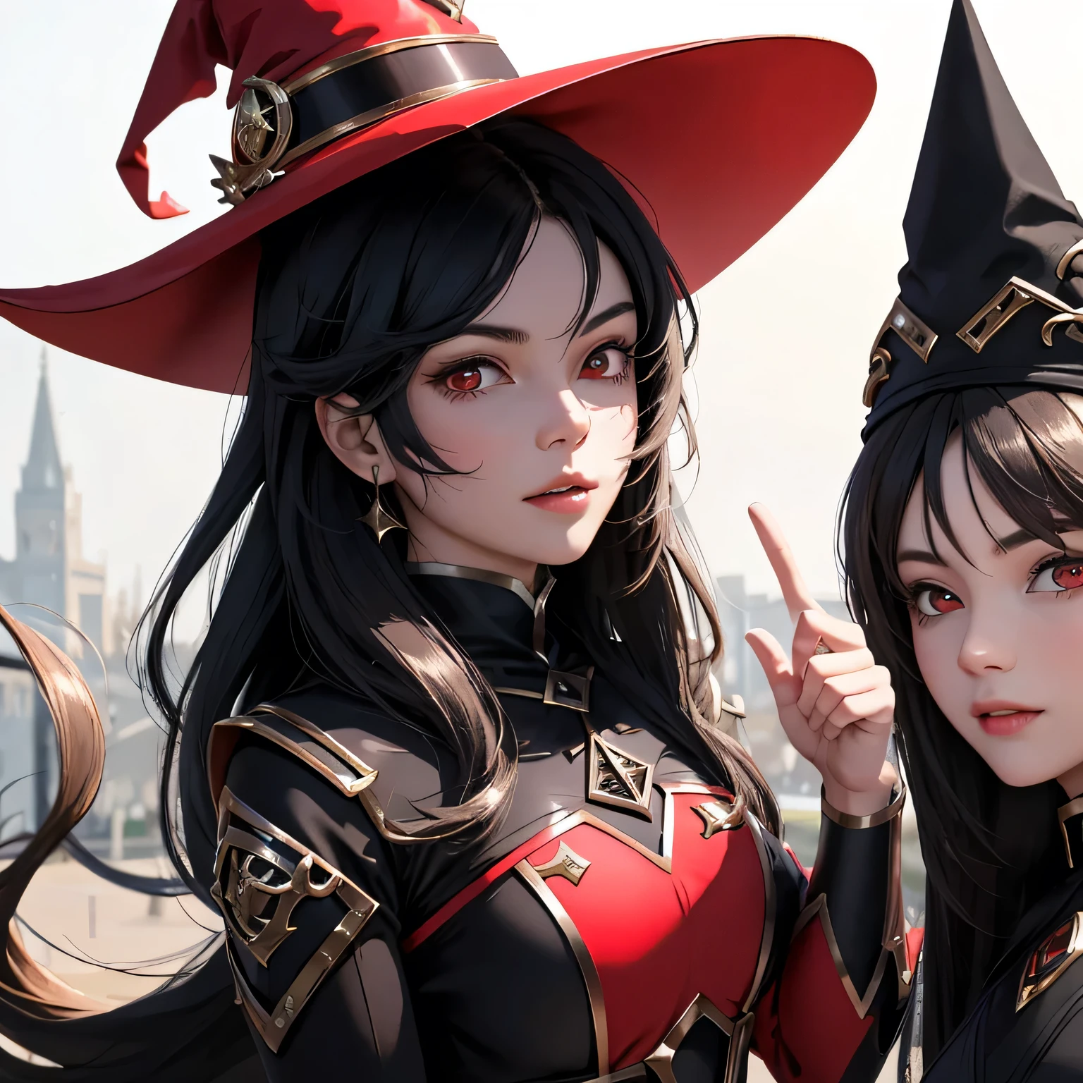 best quality,ultra-detailed,realistic,portrait,red-eyed girl:1.2,black-haired girl:1.1,serious expression,,high school setting,witch hat with red details,teenage girl:1.1