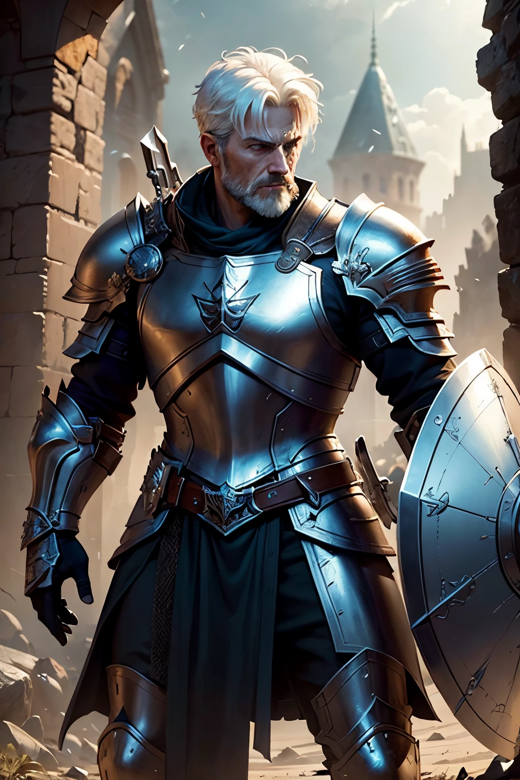 ((Best quality)), ((masterpiece)), ((realistic cartoon)):Parrying a blade,Blocking Shield, Heavy Armored paladin with a large shield, White Hair, Short Hair, Blue Eyes, Battle, Full Body, White Armor, Full Armor,Burning Battlefield. The scene is set in a thematically rich environment, castle in ruin, battlefield. The lighting, crafted with a cinematic touch, emphasizing aura surrounding the veteran soldier.

Every element of this masterpiece is carefully designed to create a sense of realism and immersion. The intricacies of the  veteran soldier armor, the mesmerizing effects of his power, and the level of detail in his weathered face all contribute to a captivating visual experience. This artwork is presented in stunning UHD resolution, allowing you to appreciate every nuance and intricacy in breathtaking detail.
View from the side, scenic, masterpiece,mtg art,magic the gathering art.