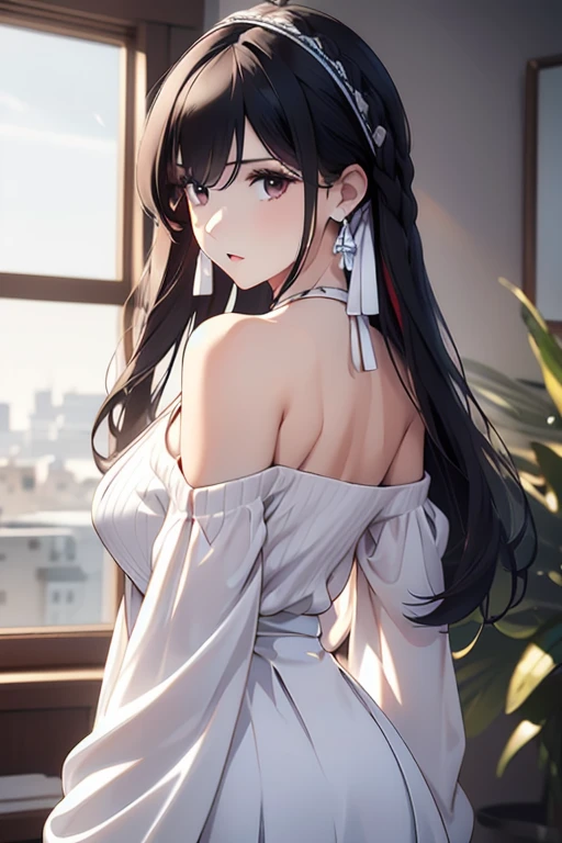 masterpiece, yor, 1girl, Bust A Cup, Amazing Cleavage:1.0, thin waist, big ass, Raised sexy, medium breast: 1.0 posed cleavage:1.2、solo, looking at viewer, open mouth, black hair, red eyes, dress, bare shoulders, jewelry, collarbone, sidelocks, hairband, earrings, indoors, off shoulder, :o, sweater, arms behind back, plant, short hair with long locks, white hairband, off-shoulder dress, sweater dress, off-shoulder sweater, red sweater, big side hair, very long side hair,is rendered in (masterpiece: 1.2, best quality), with (ultra high resolution) and an exquisite (depth of field). This masterpiece is not only visually stunning but also tells
