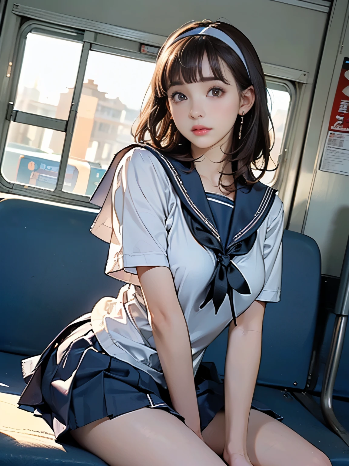 Arafed asian woman in a sailor outfit sitting on a bus - SeaArt AI