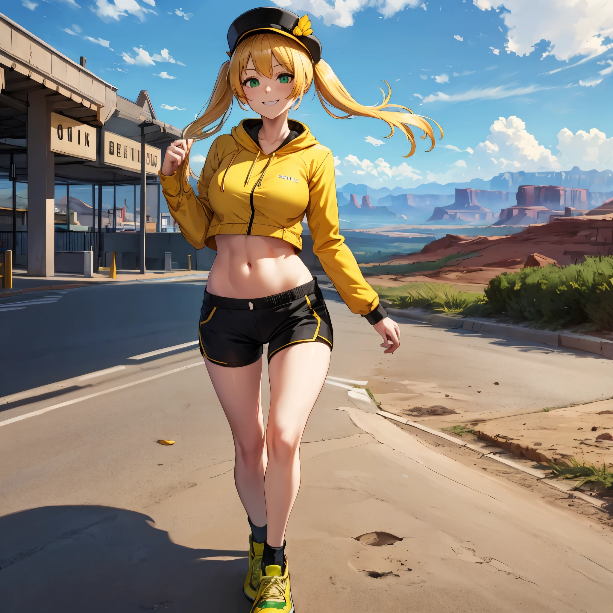 A woman wearing an open yellow coat, short shirt, exposed abdomen, short black shorts, sports shoes, long blonde hair, pigtails, green eyes, smiling, black hat, walking outside a gas station, in a region of Faroest with faroest mountains in Monument Valley,HDR, masterpiece, well defined, ultra resolution, high quality, 8k HD. (just a woman, solo)
