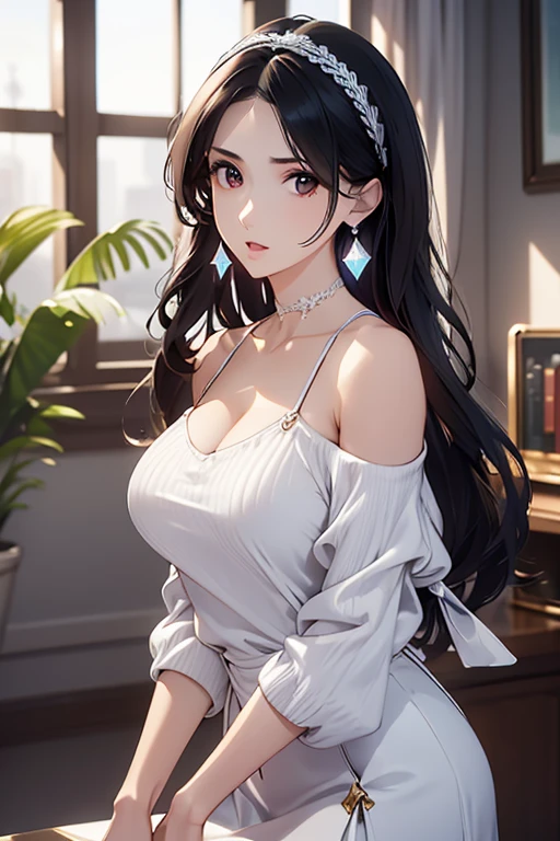 masterpiece, yor, 1girl, Bust A Cup, Amazing Cleavage:1.0, thin waist, big ass, Raised sexy, medium breast: 1.0 posed cleavage:1.2、solo, looking at viewer, open mouth, black hair, red eyes, dress, bare shoulders, jewelry, collarbone, sidelocks, hairband, earrings, indoors, off shoulder, :o, sweater, arms behind back, plant, short hair with long locks, white hairband, off-shoulder dress, sweater dress, off-shoulder sweater, red sweater, big side hair, very long side hair,is rendered in (masterpiece: 1.2, best quality), with (ultra high resolution) and an exquisite (depth of field). This masterpiece is not only visually stunning but also tells
