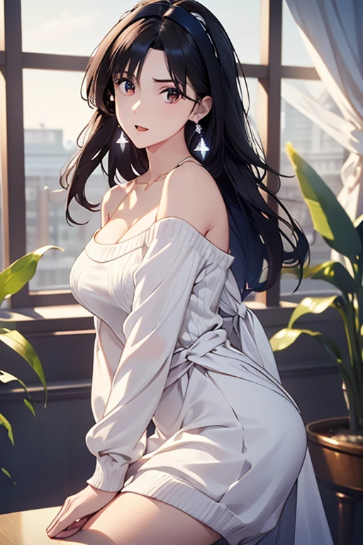 masterpiece, yor, 1girl, Bust A Cup, Amazing Cleavage:1.0, thin waist, big ass, Raised sexy, medium breast: 1.0 posed cleavage:1.2、solo, looking at viewer, open mouth, black hair, red eyes, dress, bare shoulders, jewelry, collarbone, sidelocks, hairband, earrings, indoors, off shoulder, :o, sweater, arms behind back, plant, short hair with long locks, white hairband, off-shoulder dress, sweater dress, off-shoulder sweater, red sweater, big side hair, very long side hair,is rendered in (masterpiece: 1.2, best quality), with (ultra high resolution) and an exquisite (depth of field). This masterpiece is not only visually stunning but also tells
