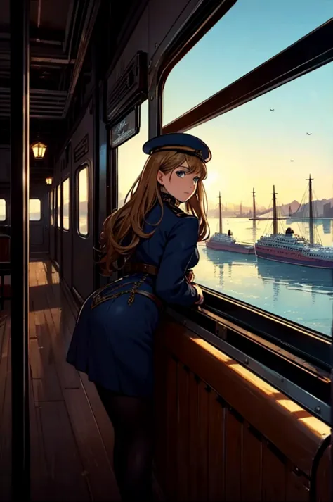 titanic reimagined as a 26 year old steampunk capitaine girl aborde a train looking over a steampunk town