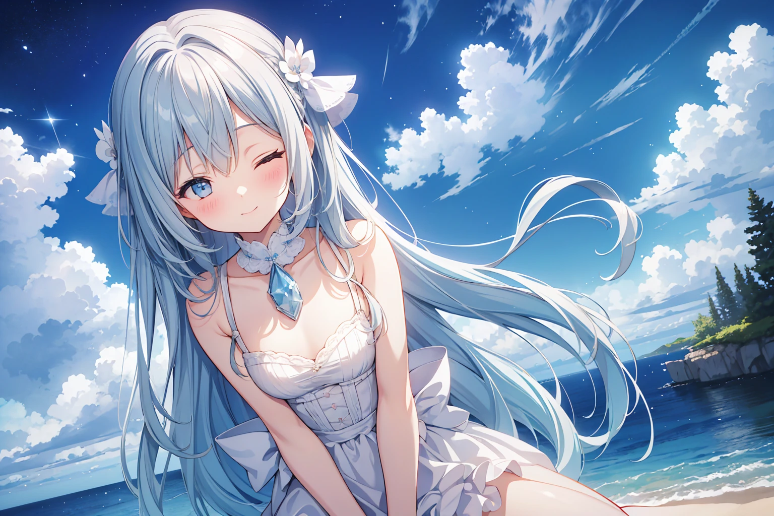 masterpiece, best quality, extremely detailed, (illustration, official art:1.1), 1 girl ,(((( light blue long hair)))), light blue hair, ,, long hair ((blush)) , cute face, big eyes, masterpiece, best quality,(((((a very delicate and beautiful girl))))),Amazing,beautiful detailed eyes,blunt bangs((((little delicate girl)))),tareme(true beautiful:1.2), sense of depth,dynamic angle,,,, affectionate smile, (true beautiful:1.2),,(tiny 1girl model:1.2),)(flat chest)),, face,(masterpiece, amazing quality)), (unity 8k wallpaper), (absurdres), (ultra detailed, ultra highres: 1.5), (sharp focus), 

absurdres, highres,
BREAK
 asleep leaning against big , in fantastic world, night, fuwafuwa, on clouds, pastel tone, sleeping, , (smile:1.1)
BREAK