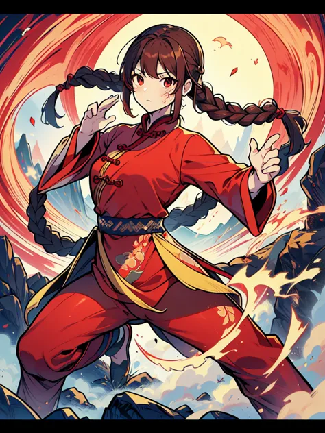 lei kugo live a live, qipao, chinese clothes, traditional clothes, action pose, full body, brown hair, braided hair, scars on fa...