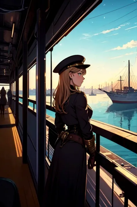 titanic reimagined as a 26 year old steampunk capitaine girl aborde a train looking over a steampunk town