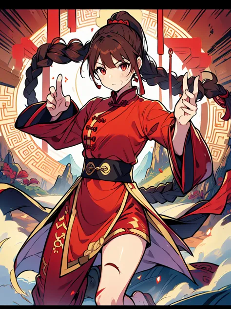 lei kugo live a live, qipao, chinese clothes, traditional clothes, action pose, full body, brown hair, braided hair, scars on fa...