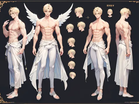 ((Masterpiece, Highest quality)), Male, boy, Detailed face, character design sheet， full bodyesbian, Full of details, frontal body view, back body view, Highly detailed, Depth, Many parts, angel wings, angel outfit, Muscle boy with blond hair，handsome man,...