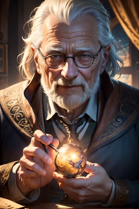 ((Best quality)), ((masterpiece)), ((realistic cartoon)), ((perfect character)), ((portrait)): Old wizard male genius getting a ...