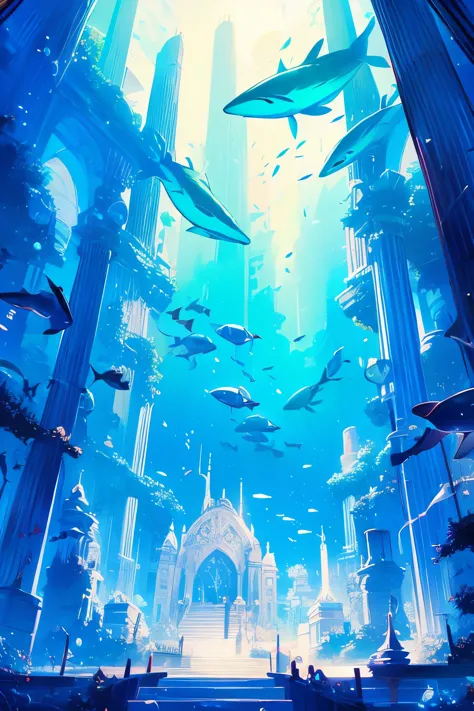 hdsj, blue themes, pillar, long hair, black hair, solo, scenery, column, bubble, 1boys, fish，underwater