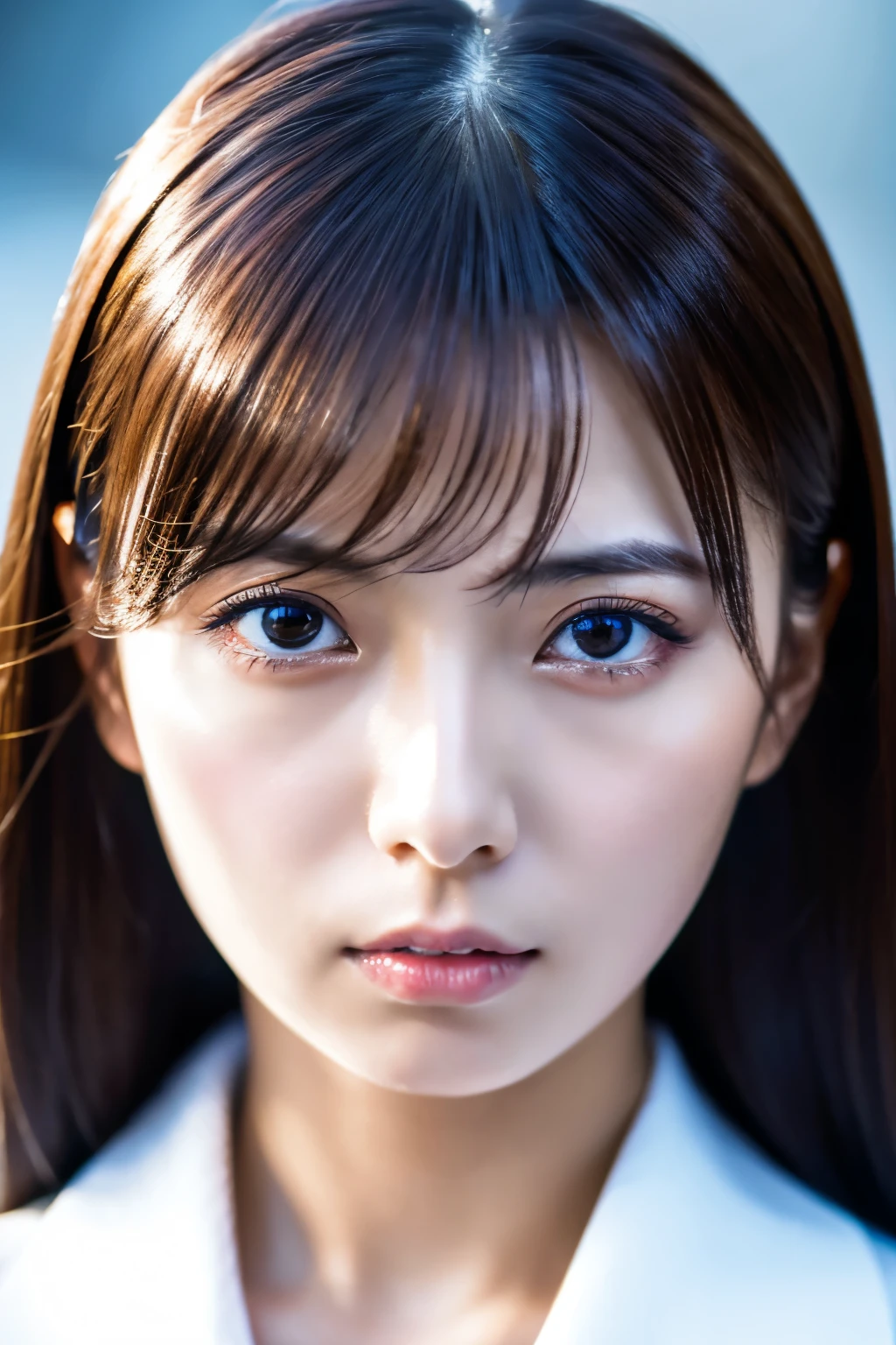 傑作, 8K, 高品質, 高解析度, 美麗的日本女人, 30歲, 撲克臉, 瞪眼, (詳細的臉部, 細緻的眼睛), 看著觀眾, 肖像