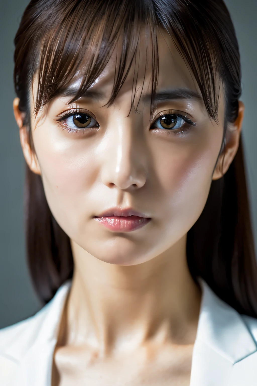 Masterpiece, 8K, high quality, high resolution, beautiful Japanese woman, 30 years old, poker face, glaring eyes, (detailed face, detailed eyes), looking at viewer, portrait