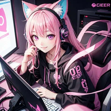 Gamer、headphone、Cat with pink ribbon、Pink Hair、Pink eyes、smile、computer