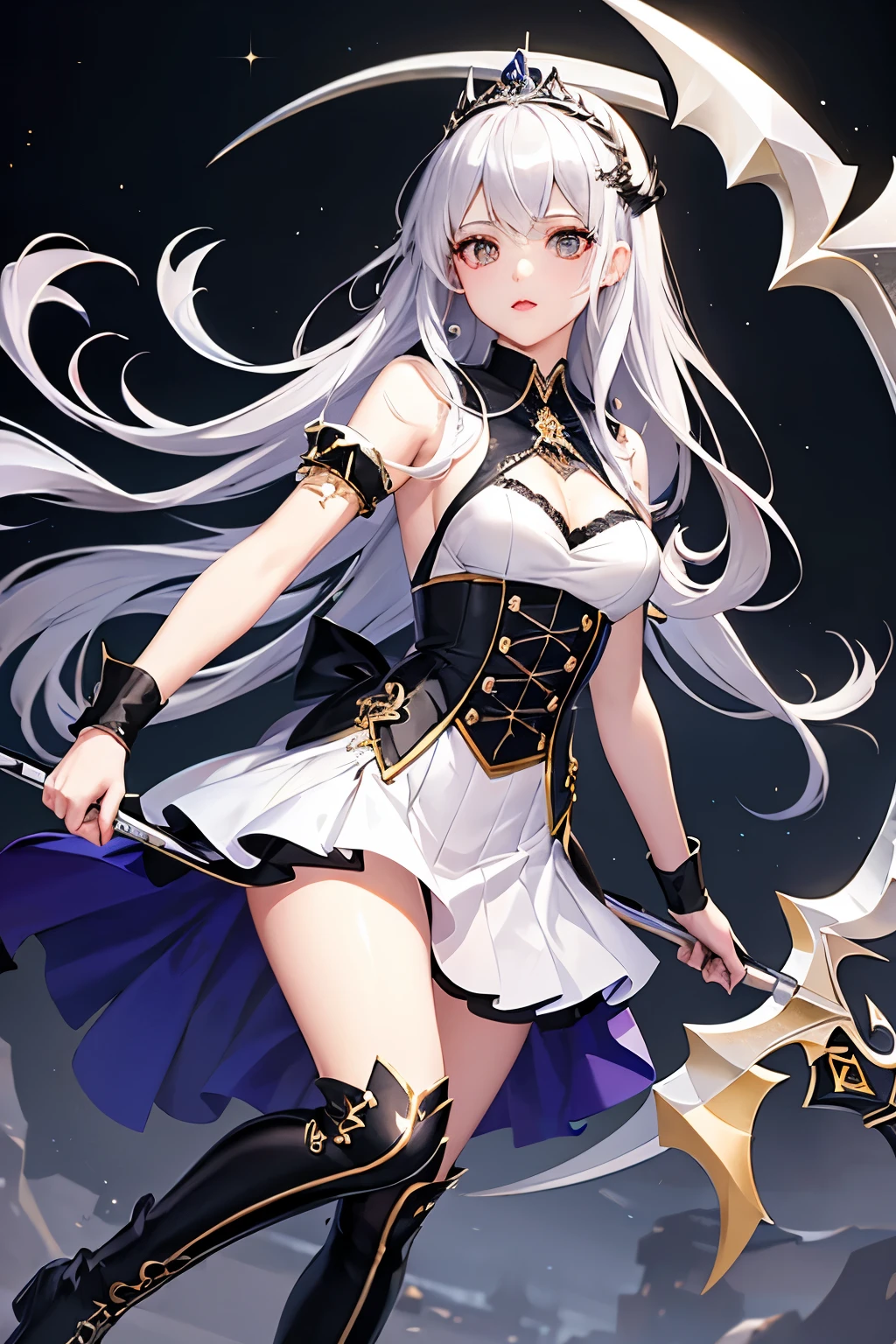 （（（highest quality、Masterpiece、Normal body、8k、Detailed face、Ultra-precision、Normal hand、Normal finger、５Finger、Highest）））Beautiful girl with golden and silver hair、Princess、Absolute Being、Twilight Dress、White and black skirt、Shiny Tiara、metal boots、Death Scythe、Game Scythe、Grim Reaper&#39;s Scythe、disaster々New Scythe、disaster々Aura、reap the soul、death penalty、Grim Reaper、grim Reaper、collapsing universe、Dimensional Destruction、The End of the Galaxy、Combat Ready、Death Scytheを振りかぶる、He lowers his waist, holds the scythe in both hands and swings it over his shoulder.、Brace your feet and put your hips in