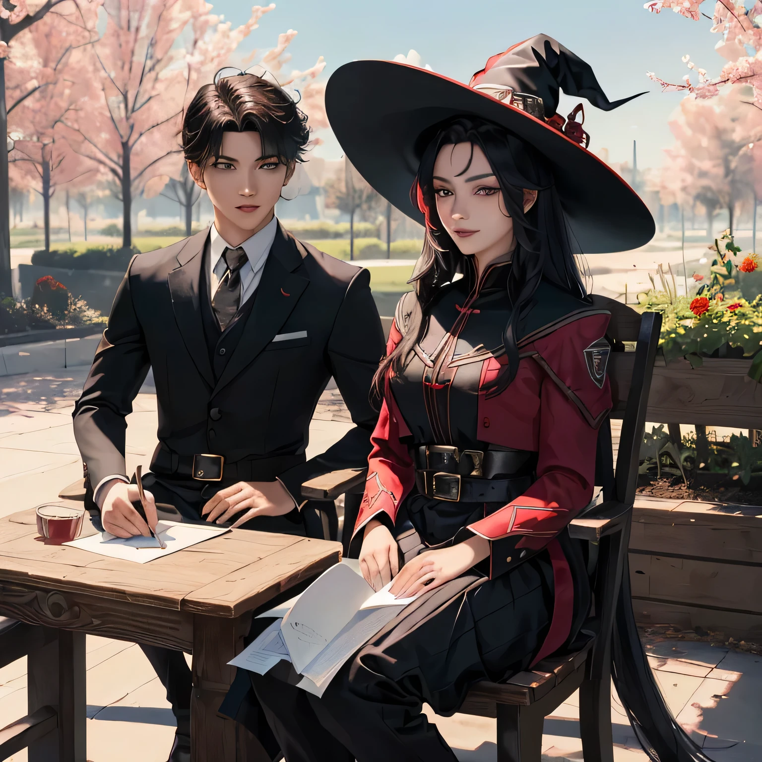 (a 15-year-old girl with a , black hair, red eyes, and a witch hat with red details. And a 15-year-old boy with black hair and blue eyes, and he is a vampire), (best quality, ultra-detailed, realistic:1.37), (illustration, pencil drawing), (beautiful detailed eyes, beautiful detailed lips), (vivid colors, vibrant tones), (studio lighting), (school garden scenery), (red-haired girl sitting on a bench), (colorful flowers and trees), (magical atmosphere), (friendly and relaxed expressions), (flying birds in the background), (playful interaction between the girl and the boy), (school logo on the uniform), (flawless skin), (confident posture of the boy), (long eyelashes), (sharp focus, high resolution), (mysterious aura around the boy), (natural daylight), (dynamic composition with diagonal elements), (expressive hand gestures), (boys' vampire fangs slightly visible), (subtle shadows and highlights), (detailed hair strands), (matching color tones between the characters), (whimsical and enchanting).