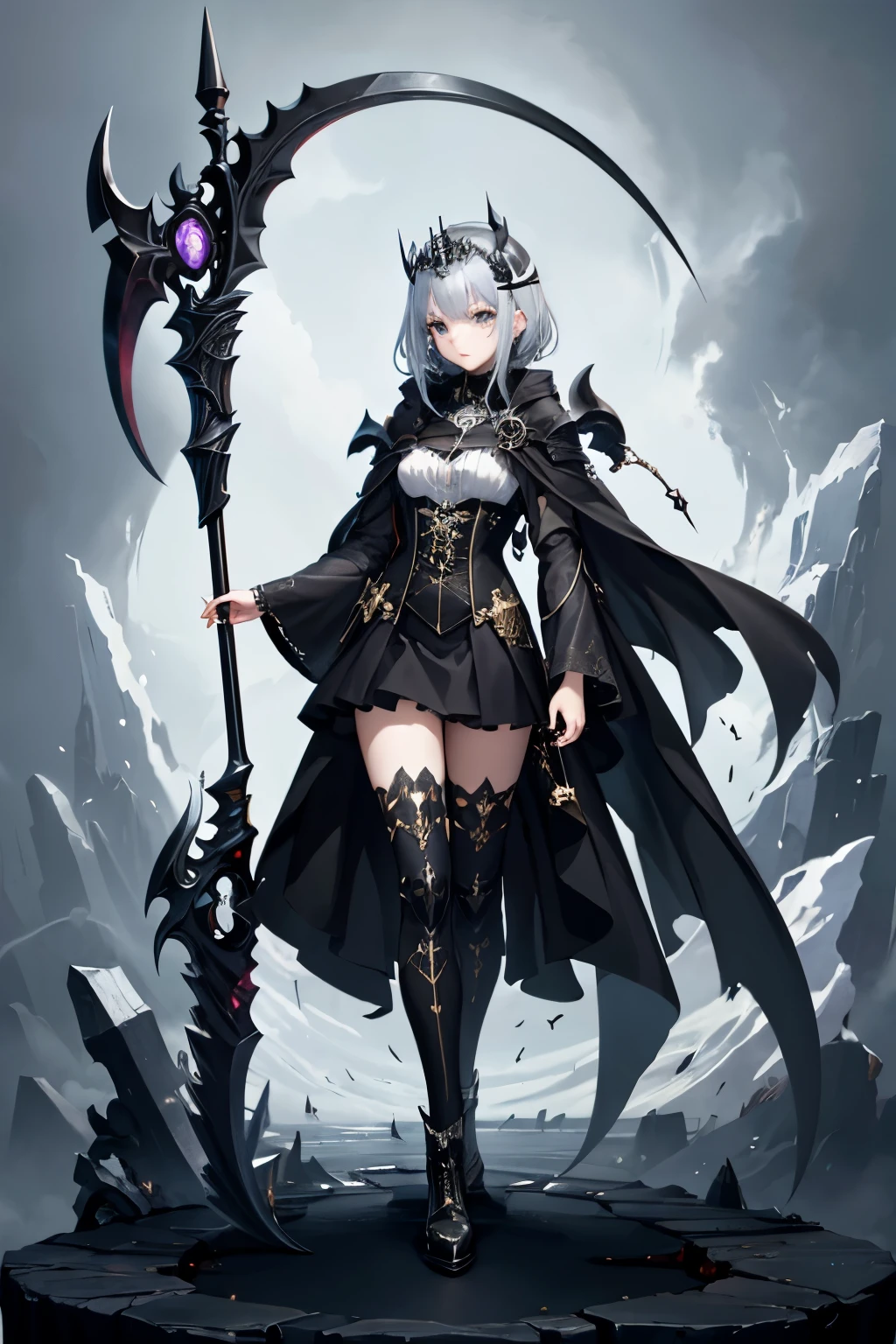 A woman in black and white outfit holding a large scythe - SeaArt AI