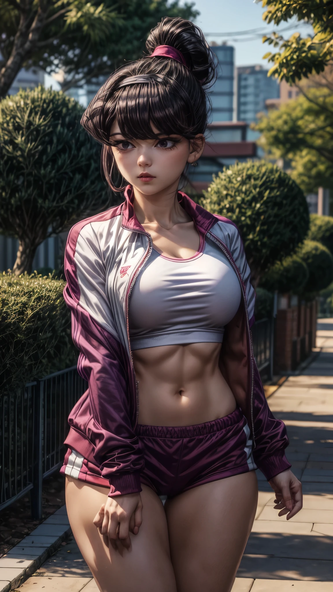 shokokomidef, purple hair, purple eyes, long hair, large breasts, thick thighs, curvy hips
looking at viewer, white shirt, red hairband, collarbone, outdoors, day, shirt, parted lips, swept bangs, headband, ponytail, gym uniform, tree, bangs, jacket, track jacket, upper body,
masterpiece, best quality,