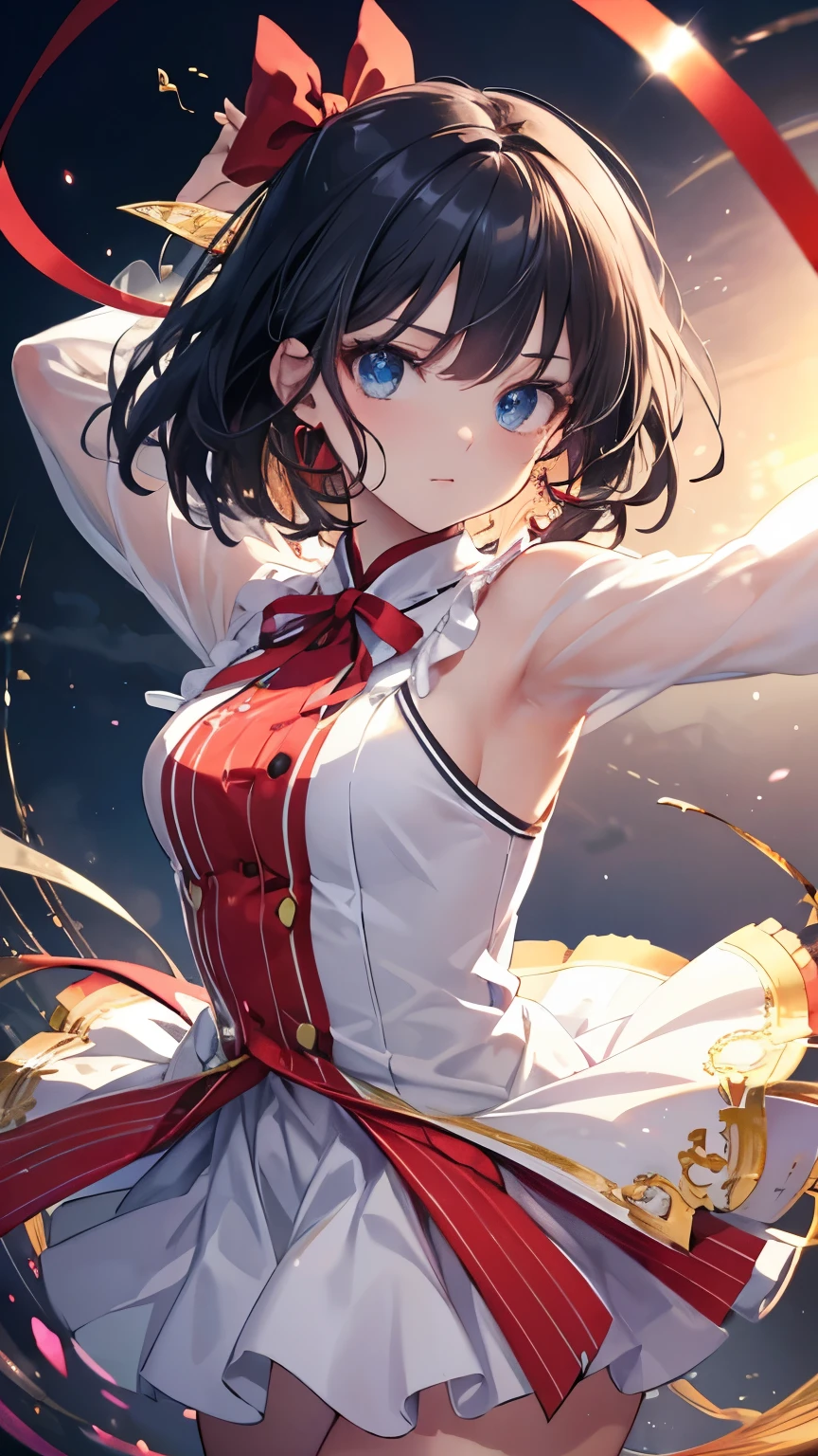 ((best quality)), ((masterpiece)), (detailed), perfect face, rhythmic gymnastics, ldancing with ribbon making spirals and circles with the ribbon, black hair, medium hair, anime, cowboy shot