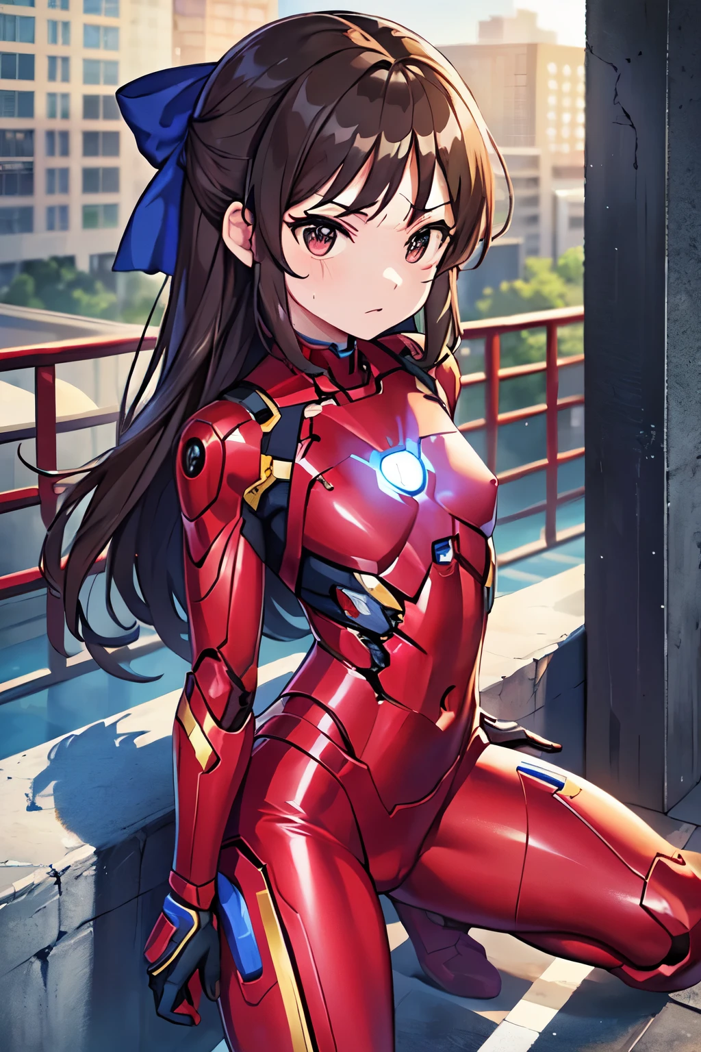 NSFW、Primary school students、child、Long Hair、((Small breasts、Small breasts、child体型、Angry、Wounded Body、Blue ribbon))、((Thin Iron Man Suit))、City of night、Rooftop、Boxing stance、8 year old 、Fight the enemy、A body covered in scars、Struggled、Sweating profusely