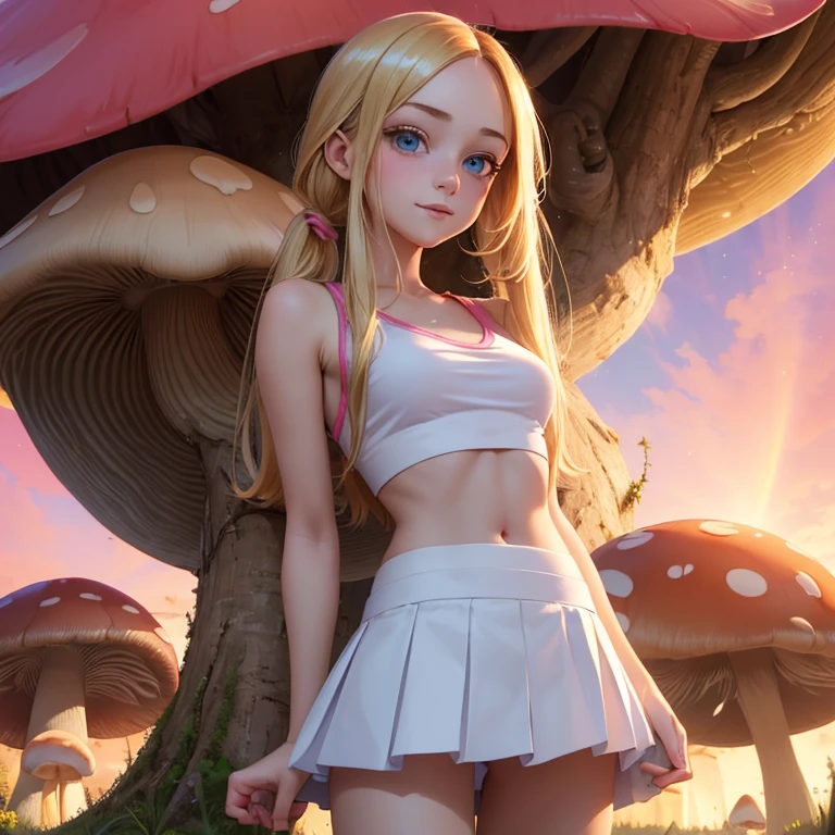 (masterpiece, best quality:1.4), (8K), Young blonde beauty, (((18 years old, neat girl))), detailed blue eyes, long eyelashes, blush, kind smile, horny, upper body, wearing a pink and white shcool uniform crop top, underboob, small ass, slender thin legs, pink skirt, (looking at viewer), beautiful blonde hair, white-skinned, long hair, straight bangs, pigtails, (medium size breasts), (mushroom forest, colorful mushrooms, celestial forest, beautiful and magnificent pink sunshine, majestic sky), colorful natural light)