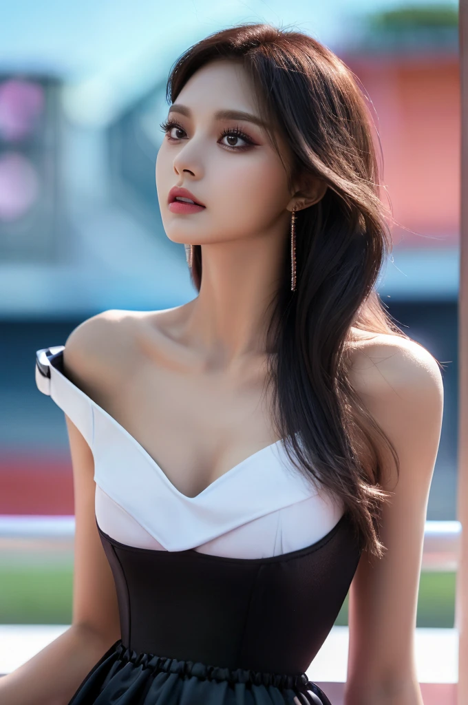 Tzuyu 1, woman, (Realistic), (Hyperrealism), (photoRealistic), Depth of written boundary, eye make up:0.7 (whole body:1.2), (Large Bust),(Tight waist), Watching the audience,At the racing track, Race Queen, Sexy dress with open shoulders and chest