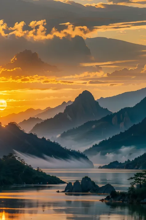 landscape photography，huangshan，mountain，sunset，golden hour，pine，national geographic works，award-winning photos，reality，hd，high ...