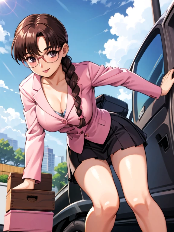 smile,View your viewers,A dark-skinned woman rolling up her skirt,suit,From below,street,Ayumi_arima,Long Hair,Brown Hair,25-year-old woman, Single Pigtail,Pink Lip, Glasses,pink suit,1 braid, 