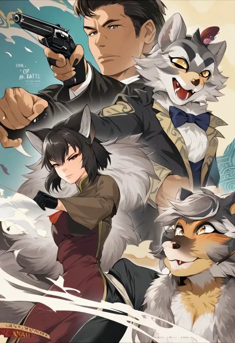 movie poster, movie artwork, concept art of love, romance novel cover, highres, top quality, best quality, perfect artwork, absurdres, perfect anatomy(couple, young 1male detective, 1woman in Chinese dress)(furry, kemono, anthro)with some elements of 007, ...